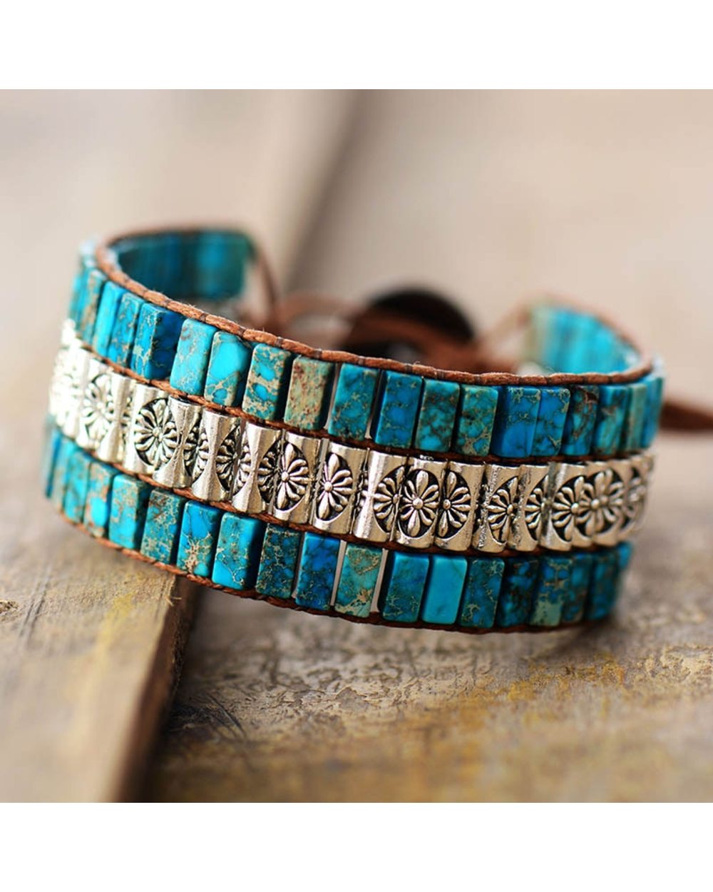 Handmade Wrap Bracelet Turquoises Antique Metal Beads Weaving Statement Wristband Bracelet WCS front-1