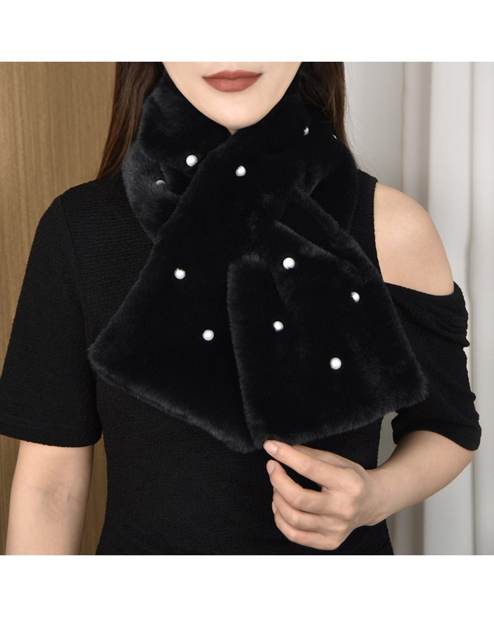 Korean Solid Double Sided Faux Rabbit Fur Thick Plush Shawl Female Winter Oudoor Windproof Pearl Cross Neck Guard Warm front-2