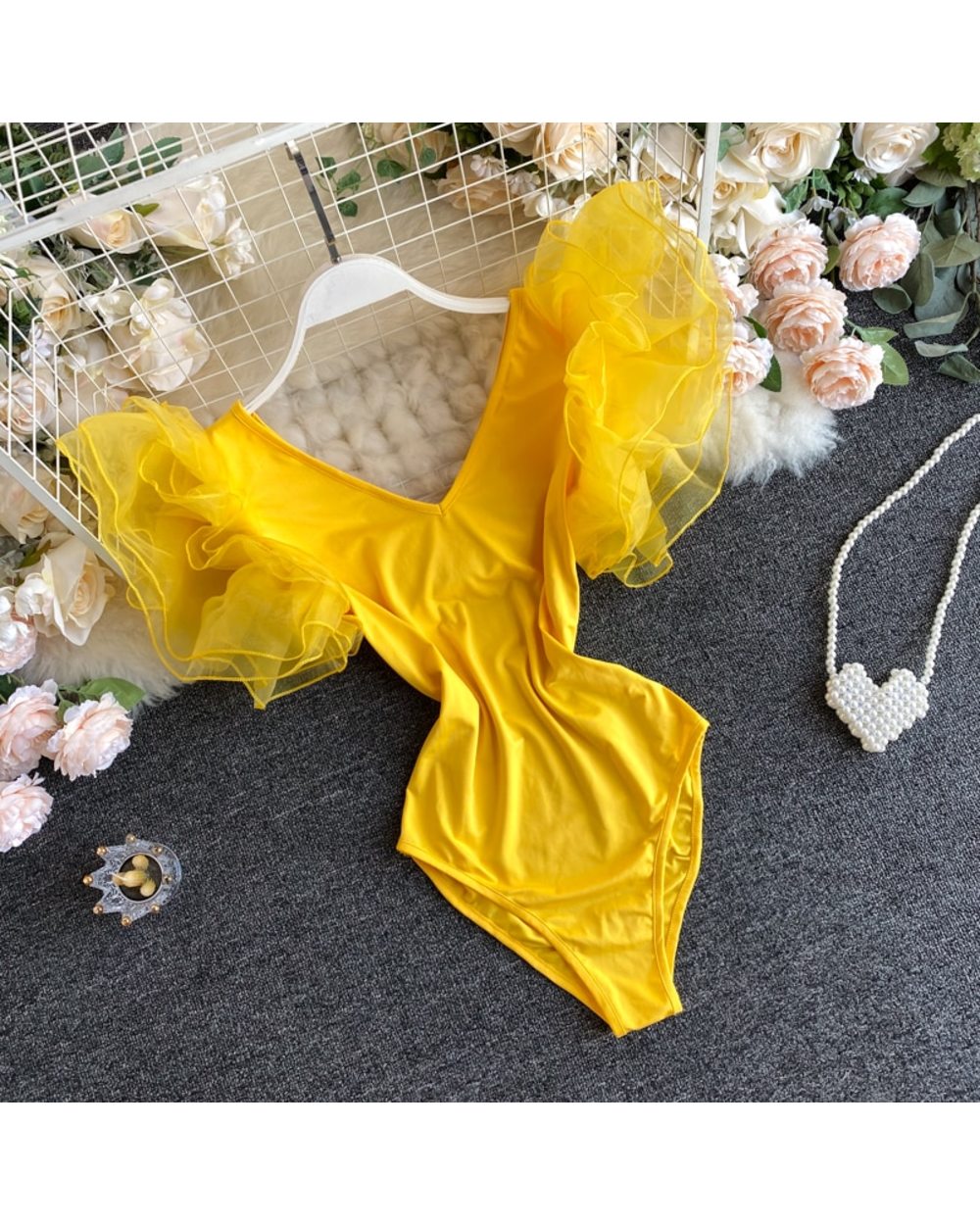 Women Girl Soild V Neck Mesh Ruffle Lotus Leaf Sleeve Bodysuits Swim Beach Holiday Bodysuit Rompers Outfit front-4
