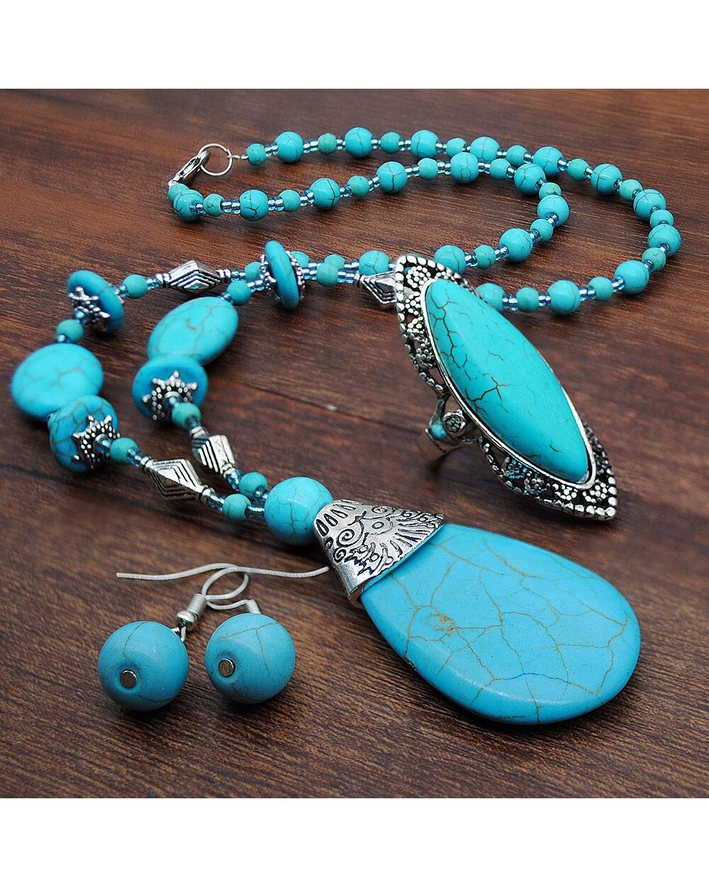 Natural Turquoises Bracelet Jewelry Set Vintage Silver Plated Jewelry Sets for Women front-2