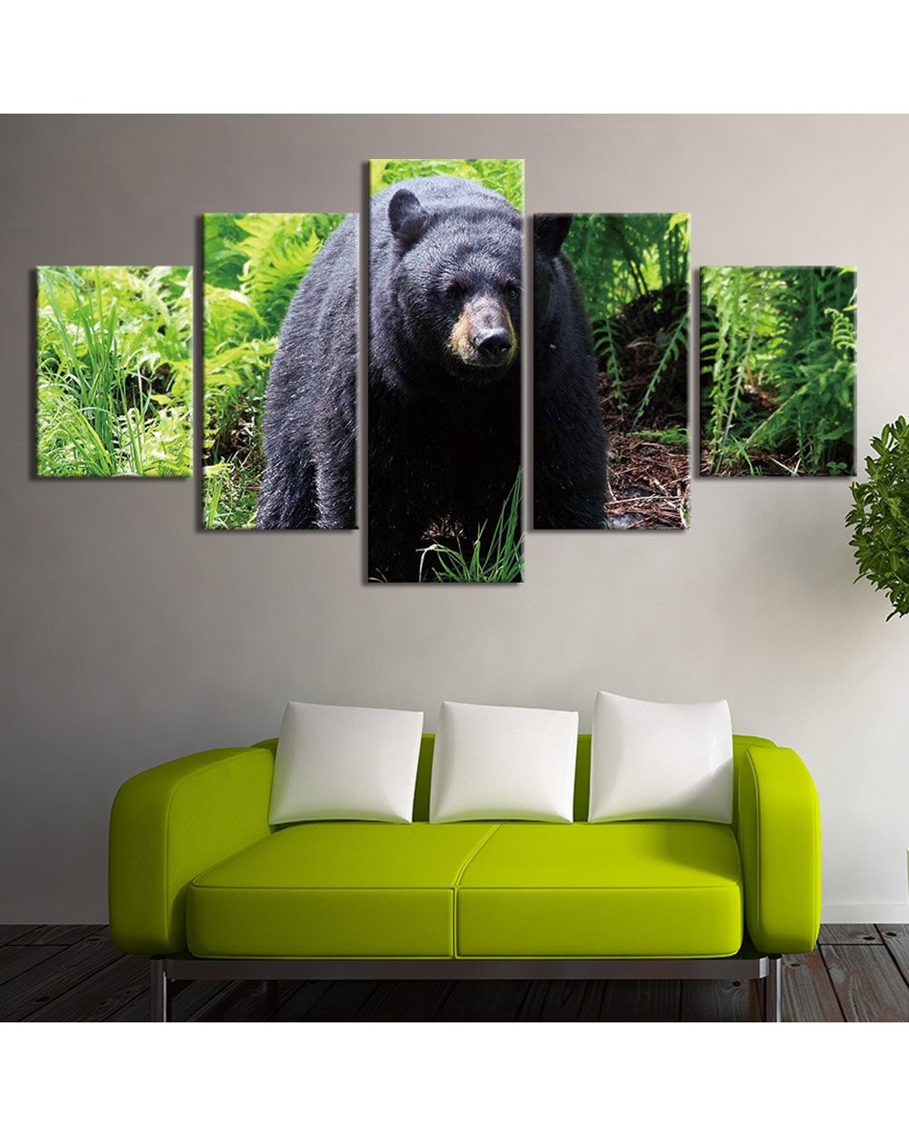 Grizzly Bear in the Jungle Picture Print Animal 5 Panel Canvas Art Wall Decor front-0