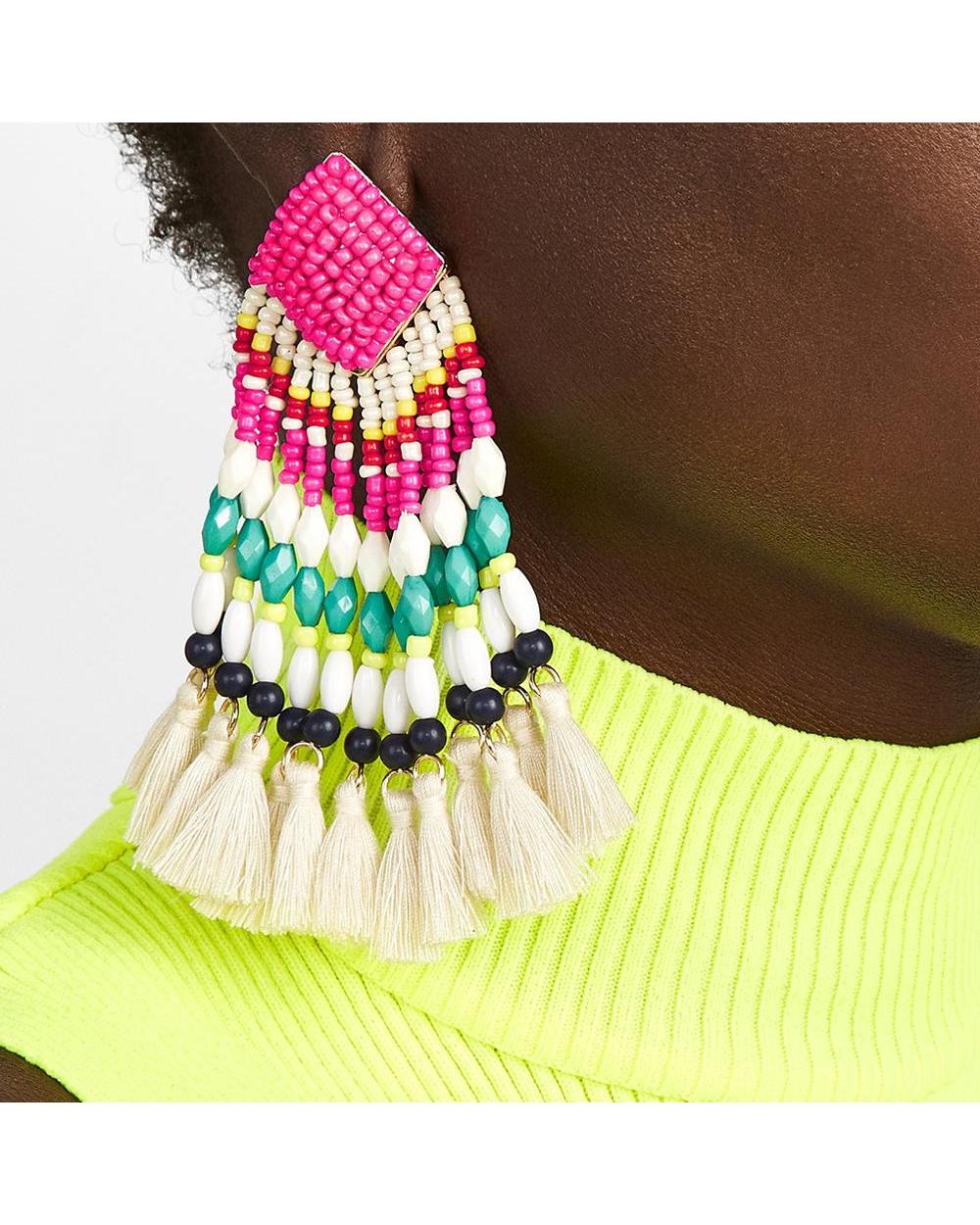 Handmade Beaded Earrings Bohemian Women Multicolor Statement Long Tassel Beads Dangle Earrings Ethnic Jewelry Girls UKEN front-3