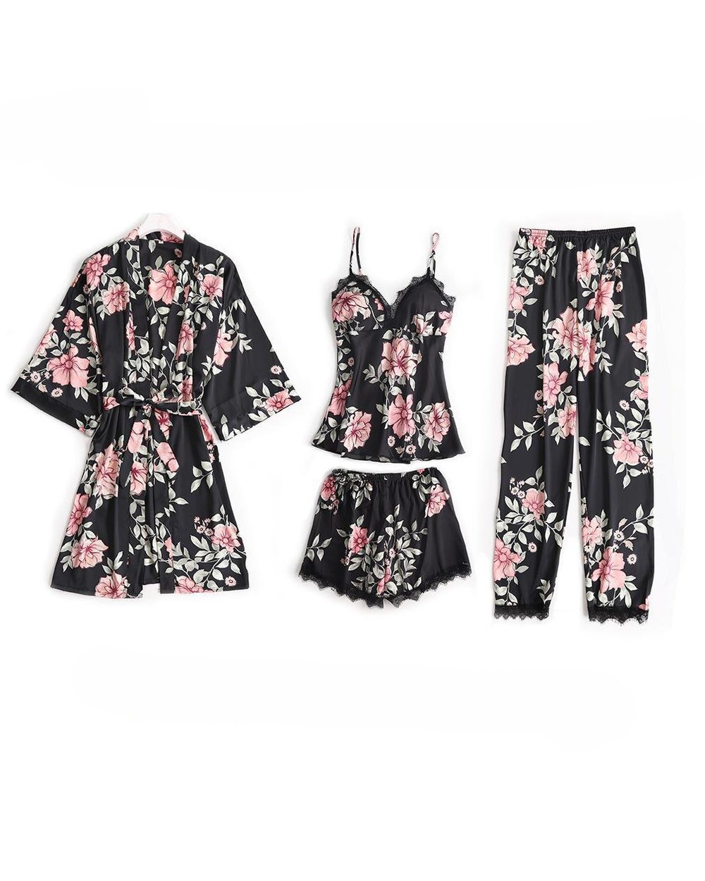 5PCS Pajamas Sleep Set Women Nightwear V-Neck Lace Sleepwear Sexy Nightie Bathrobe Wear Home Suit Negligee Spring Robe front-2