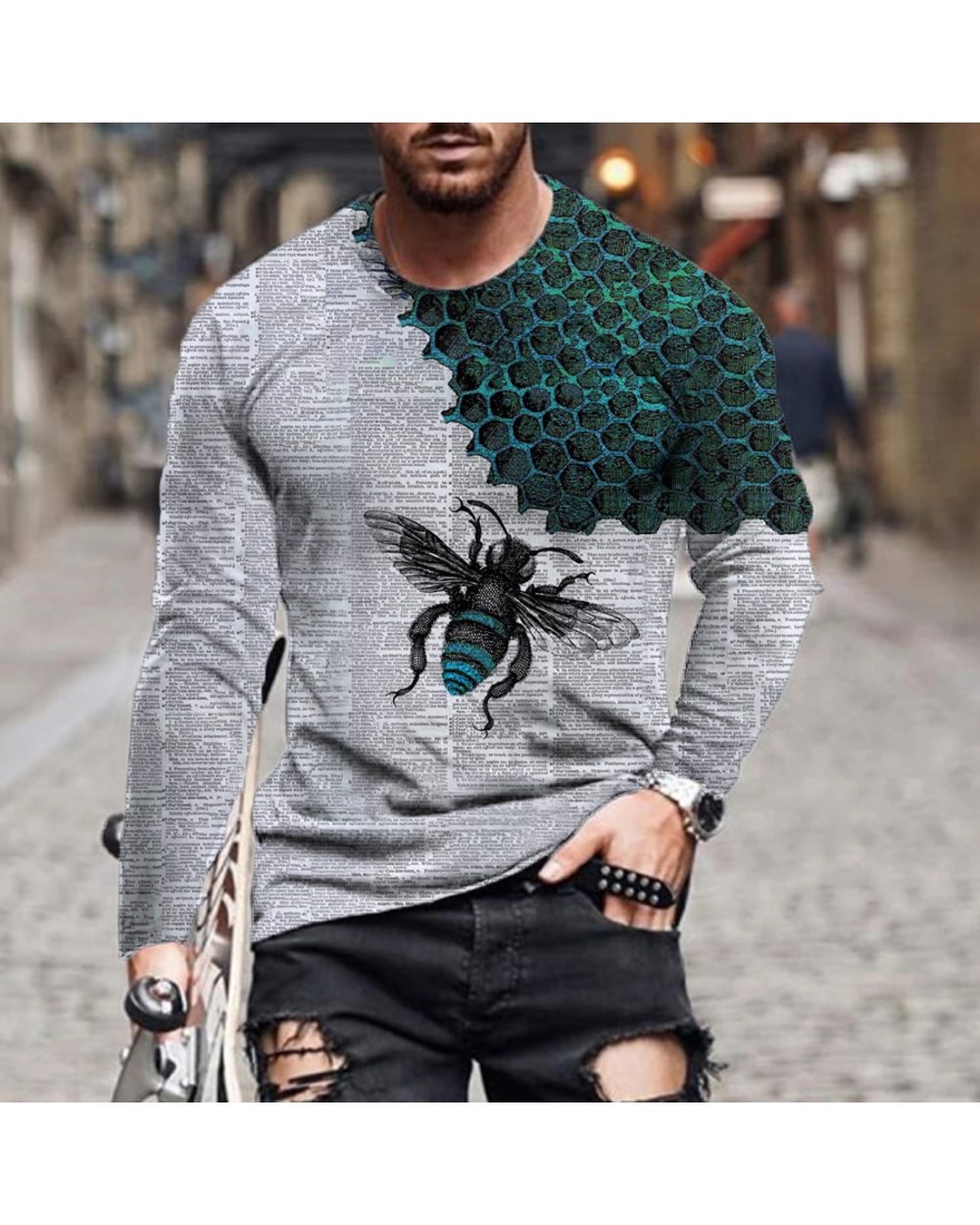 2021 new European and American summer hip-hop men's 3D t-shirt new cartoon printing bee long-sleeved casual fashion spor front-1