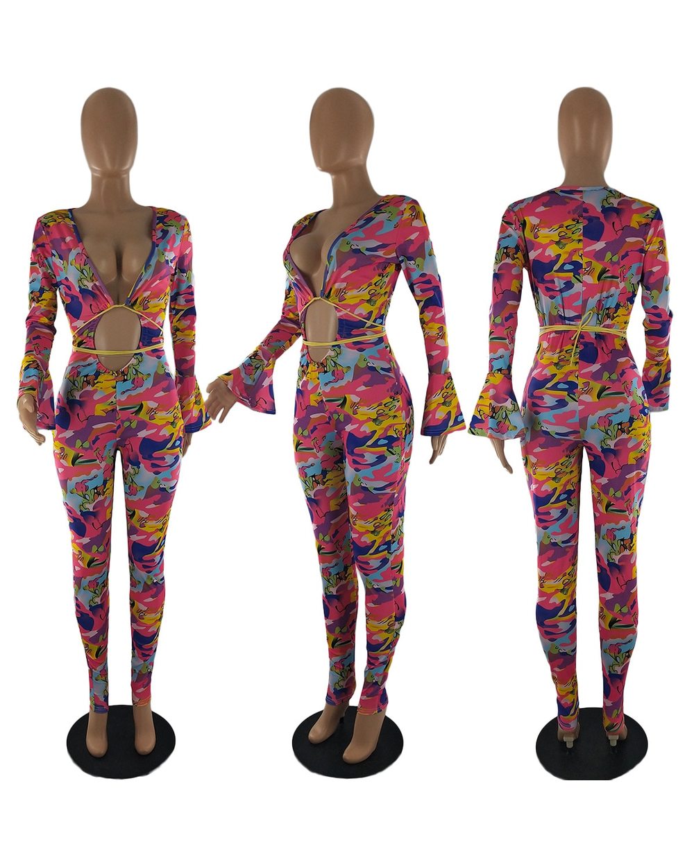ANJAMANOR Pink Multi Camo Print Jumpsuit Sexy Clothes for Women Club Outfits Laced Up Hollow Out Bodycon Rompers D10-CI2 front-2
