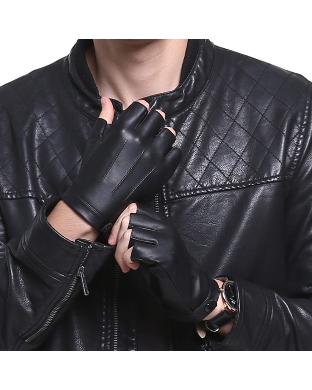 Fingerless Men Gloves Pu Leather Motor Punk Gloves Male Mittens Black Half Finger Outdoor Driving Gloves Guantes Ciclis front-2