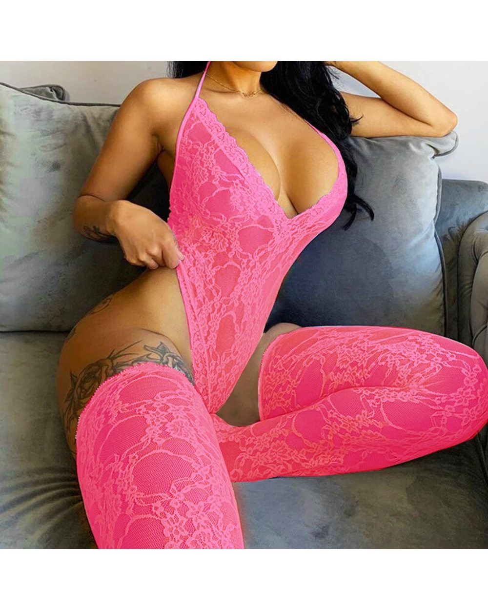Hot Sexy Lace Solid Color Mesh Jumpsuit Sleeveless Backless Sling Deep V Neck Transparent Rompers For Women Trendy Overa front-5