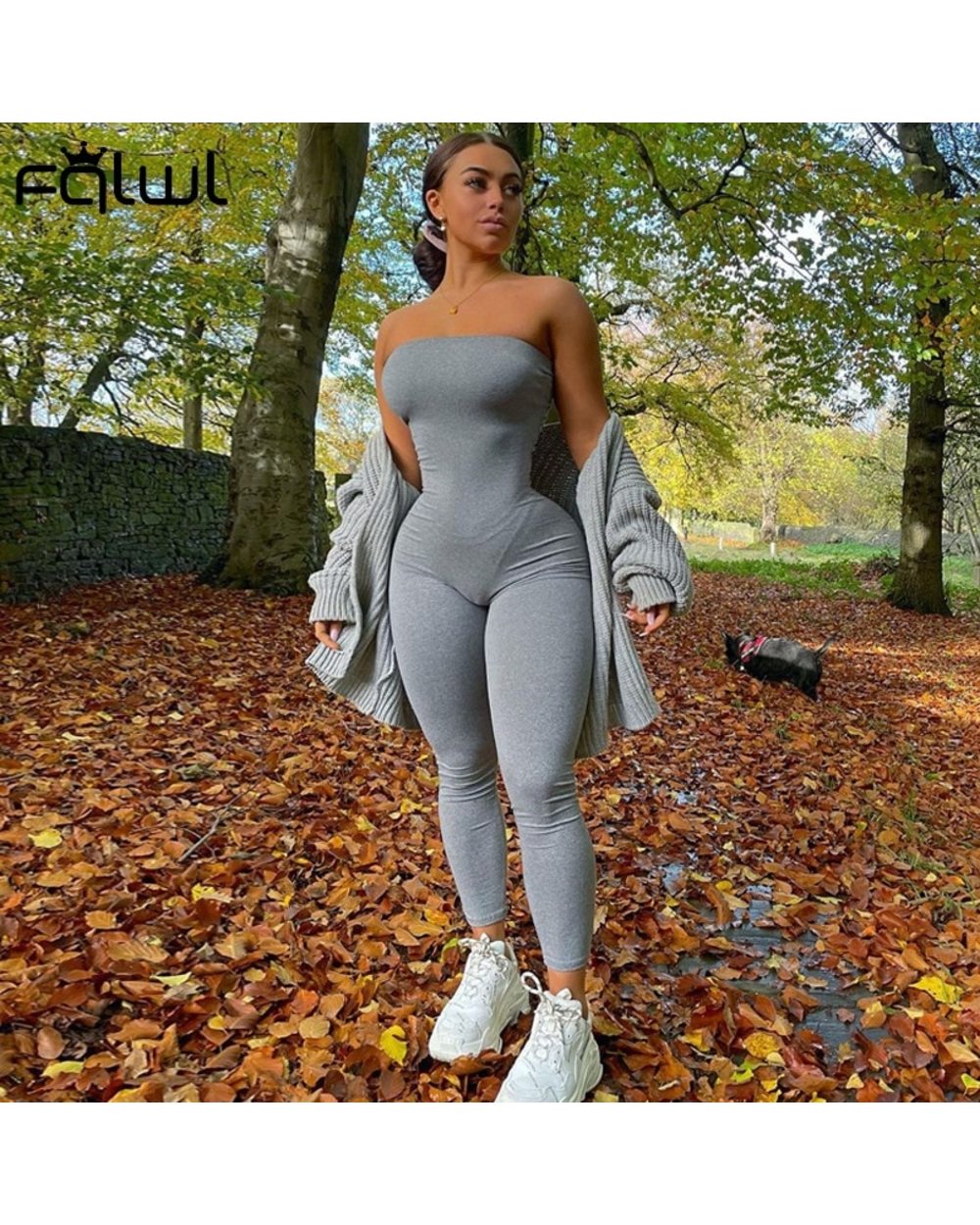 FQLWL Strapless Bodycon Jumpeuit Women Romper Streetwear One Piece Outfit Women Backless Brown Black Jumpsuit Female Lad front-1