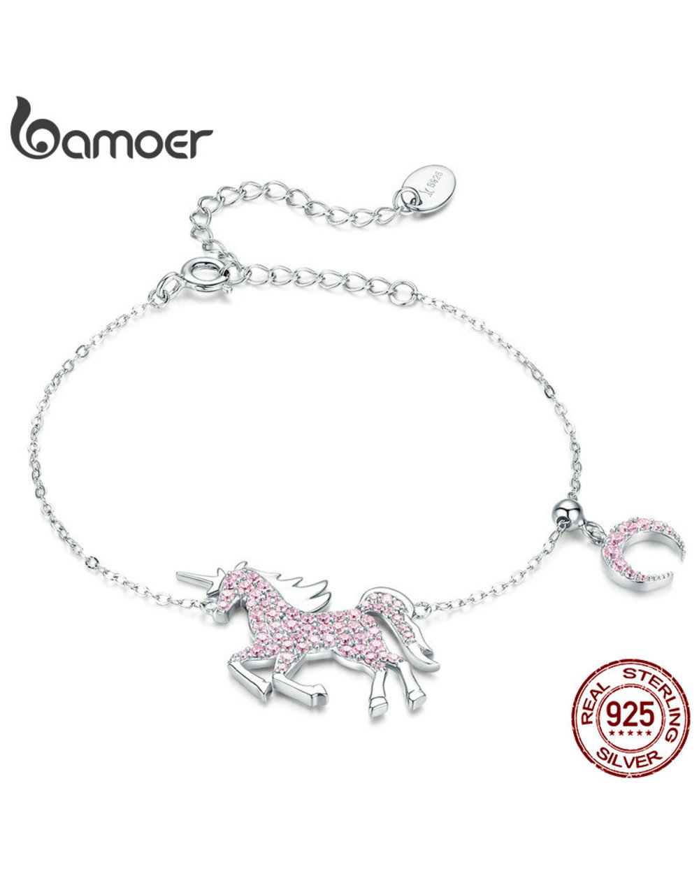 Horse Chain Bracelets bamoer Licorne Moon Sterling Silver Femme Pegasus Design Jewelry Pink front-0