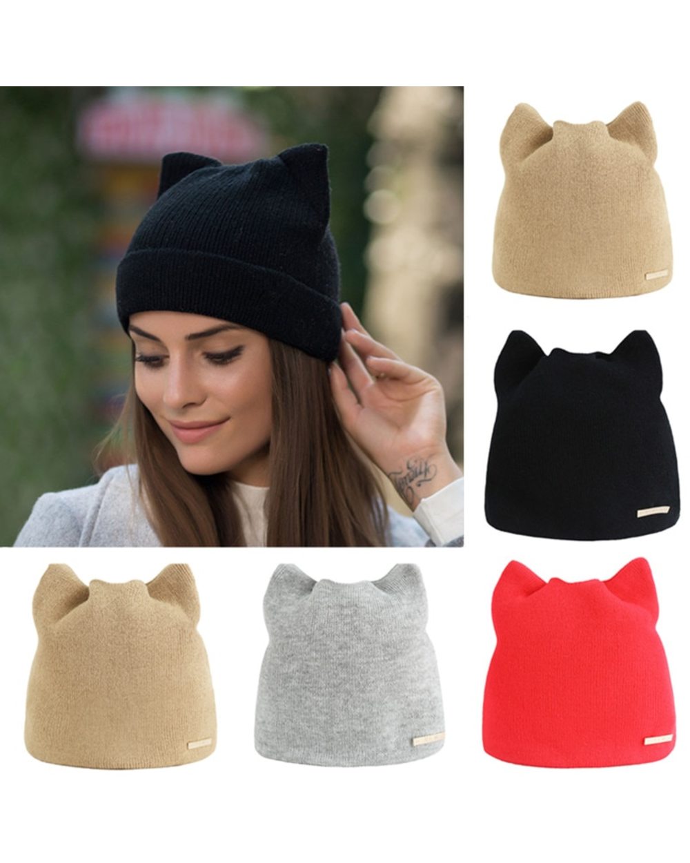 New Winter Beanies For Women Skullies Cap Cute Cat Ear Winter Warm Solid Knitted Hat For Girls Fashion Casual Ear Warme front-0