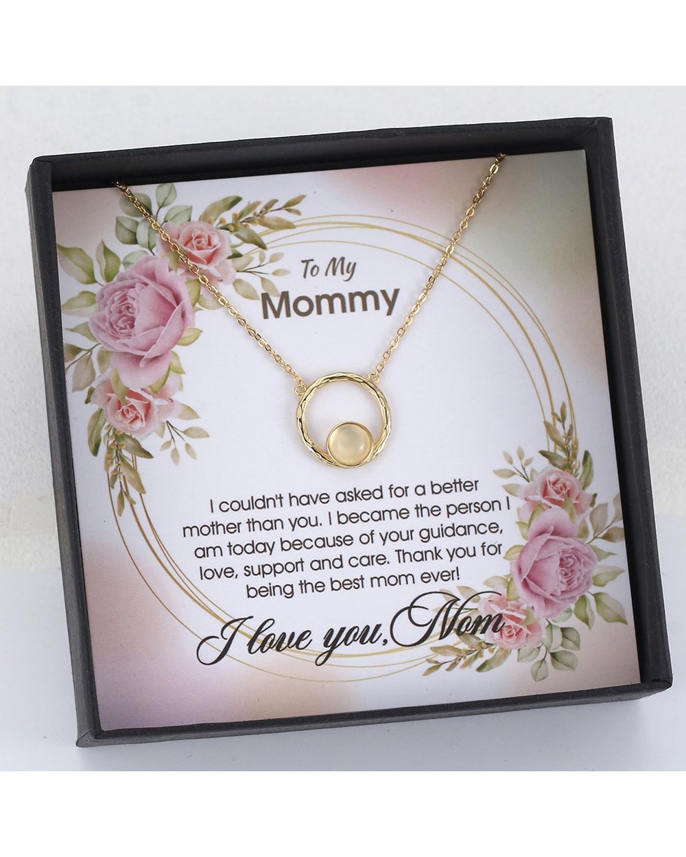 To My Mommy Gift Necklace for Mother Round Pendant with Natural Moonstone 14K Gold Jewelry front-0