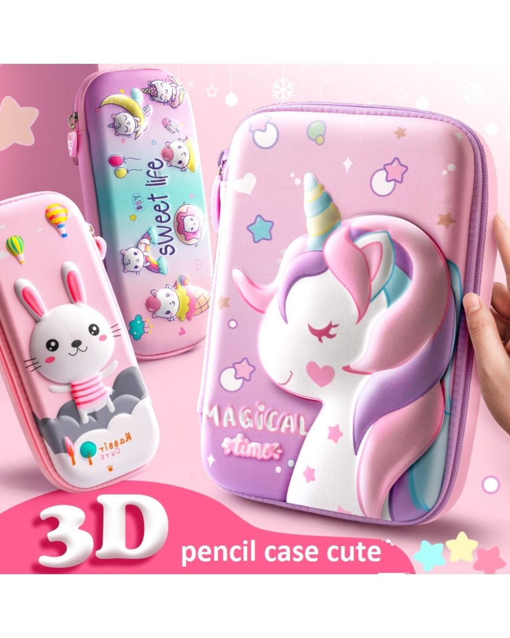 3D Pencil Case Eva Storage Box Lovely Pink Unicorn Cartoon Pen Bag For Kawaii Stationery Gift Pouch School Supplies F front-3