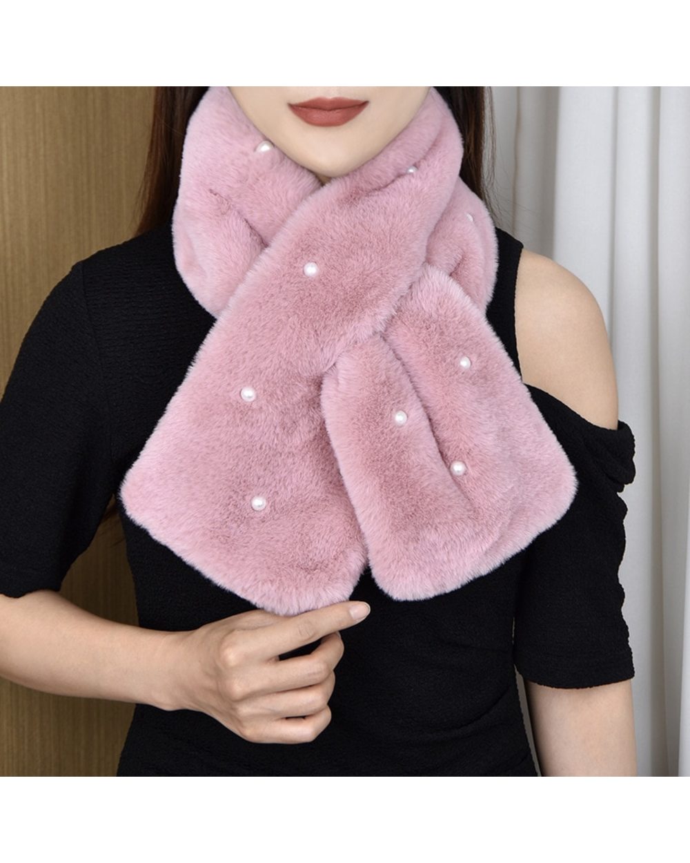 Korean Solid Double Sided Faux Rabbit Fur Thick Plush Shawl Female Winter Oudoor Windproof Pearl Cross Neck Guard Warm front-4
