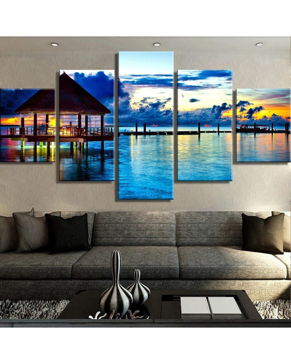 Tropical Seaside Sunset Vacation Picture Print Scenery 5 Panel Canvas Art Wall Decor front-1