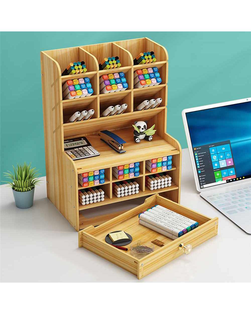 2021 Creative Multi-Function Wooden Desktop Pen Holder Office School Stationery Storage Stand Case Desk Pen Pencil Orga front-1