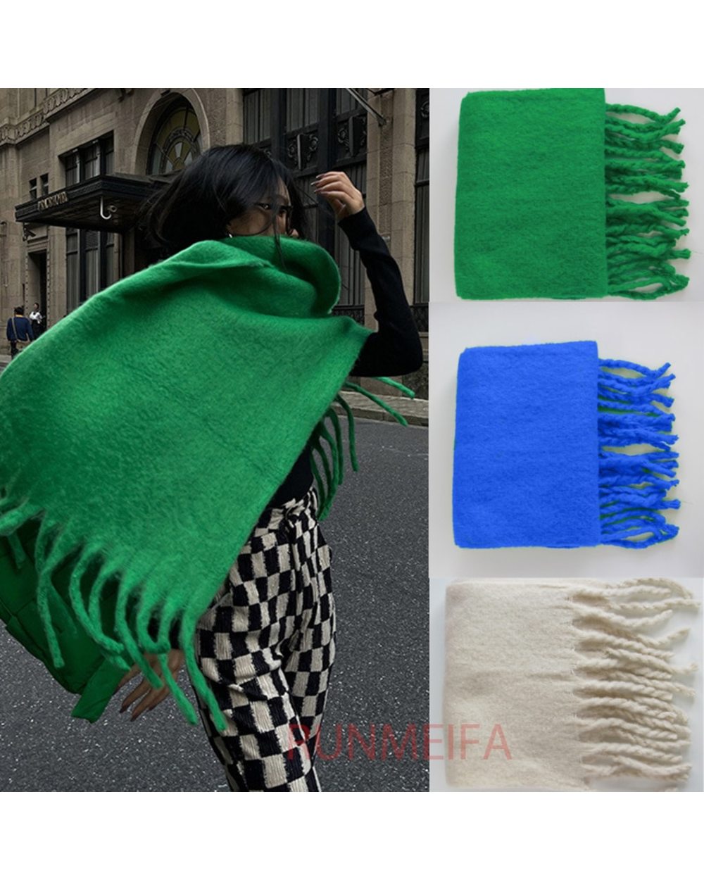2022 Luxury Cashmere Bright Green Women Solid Scarf Winter Shawl And Wrap Bandana Pashmina Tassel Female Foulard Thick front-0