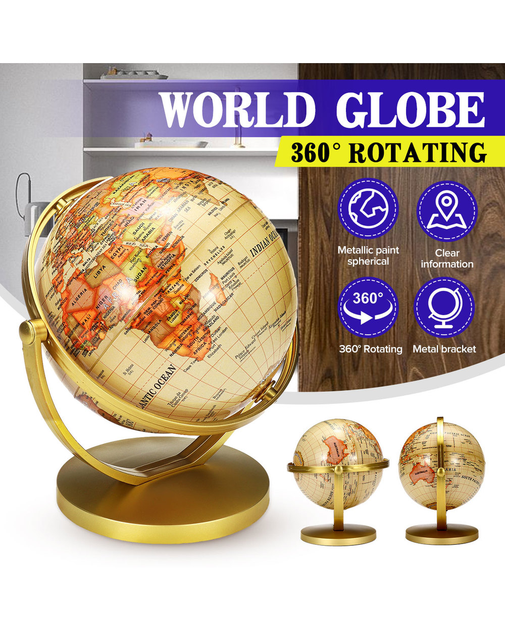 World Globe Map Rotating Stand World Earth Globe Map School Geography Educational Kids Exploring Home Decor front-0