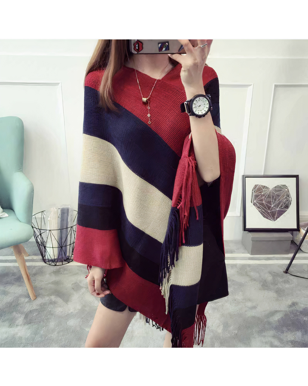 Fashion Women Autumn Winter Black White Striped Poncho Casual Sleeveless V-Neck Knitted Pullovers Sweater VG06 front-0