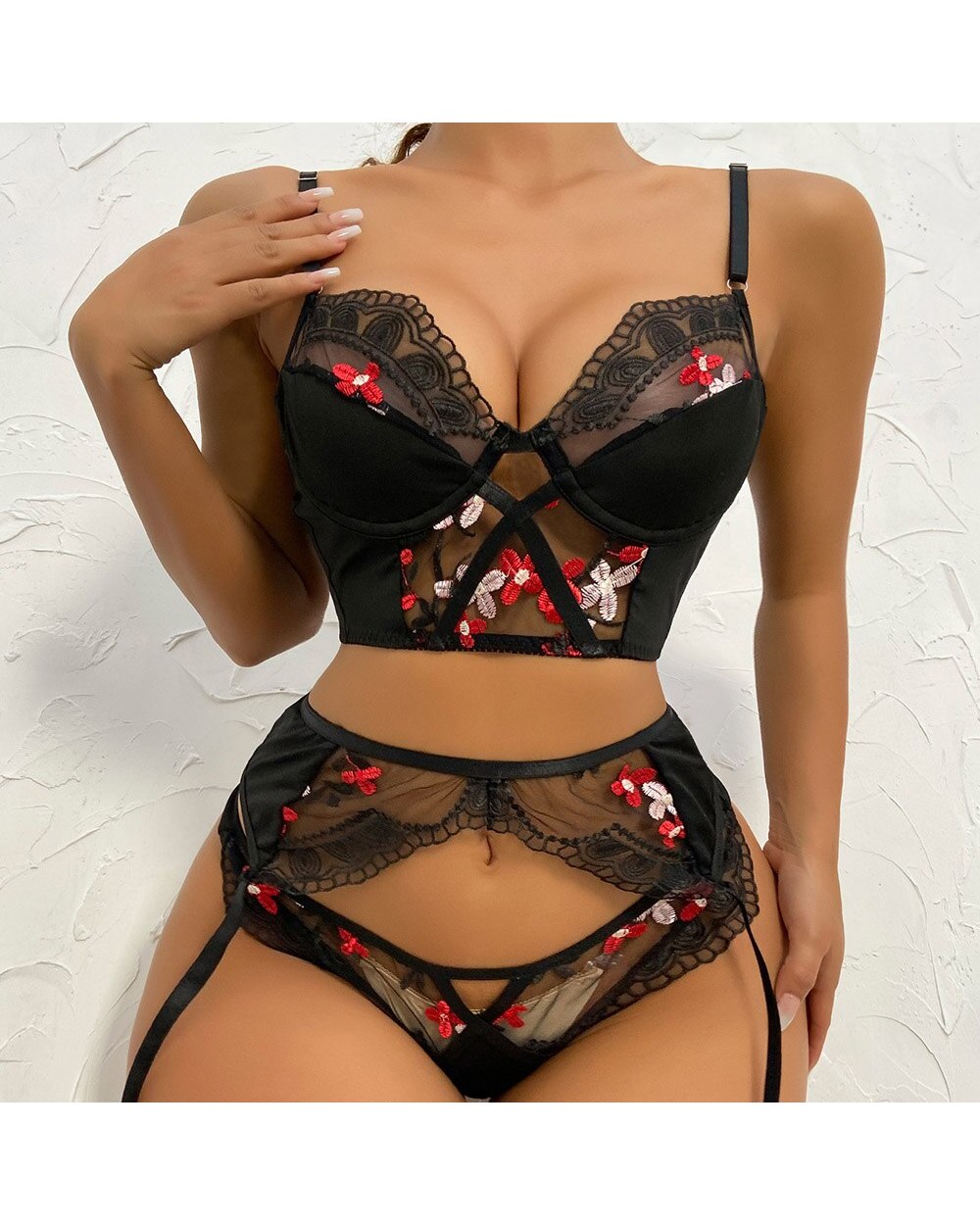 Three Pieces Cute Lingerie Set Black Underwear Floral Embroidery Intimates Womens Transparent Panties Bra front-1