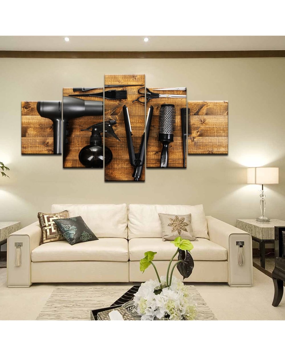 Hairdressing Tools Scissors Comb Picture Print Abstract 5 Panel Canvas Art Wall Decor front-1