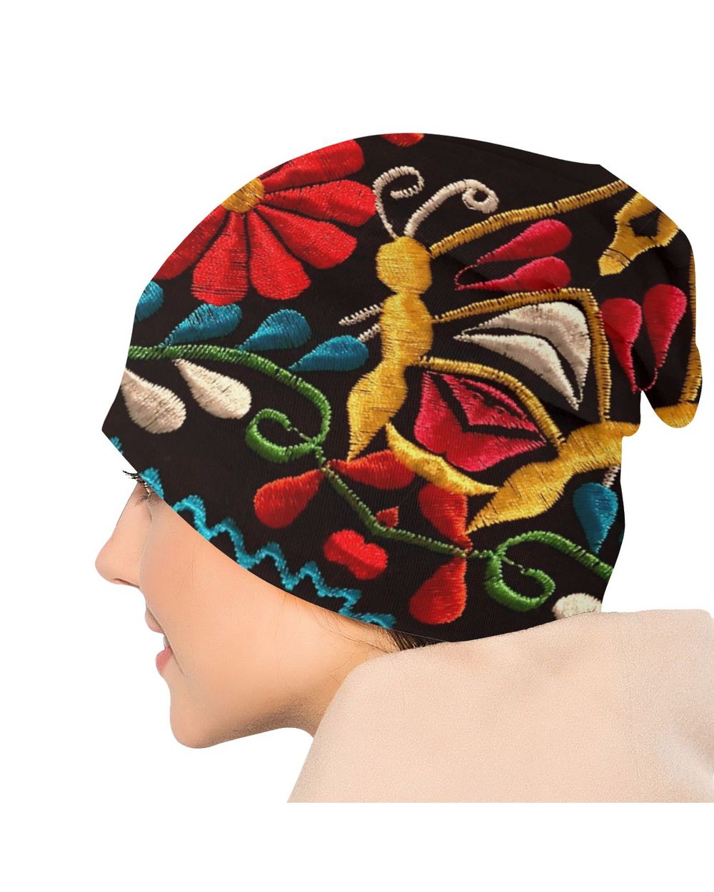 Mexican Butterflies Flower 3D Print Pattern Bonnet Beanie Knitting Hats Unisex Otomi Embroidery Art Winter Skullies Bea front-4