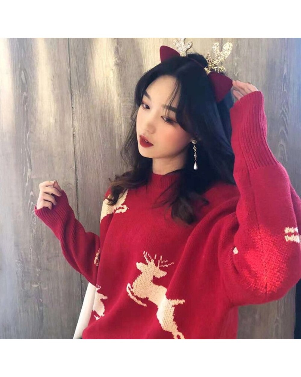 2022 Christmas Red Women Sweater Autumn Winter Animal Design Pullover Fashion Knitted Sweater Tops Student Base Coat front-3