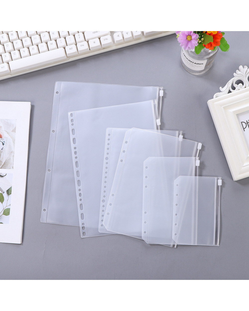 Convenient Clear Pvc A5 A6 A7 Binder Pockets Clear Zipper Folders For 6-Ring Notebook Binder Files Reports Binder front-0
