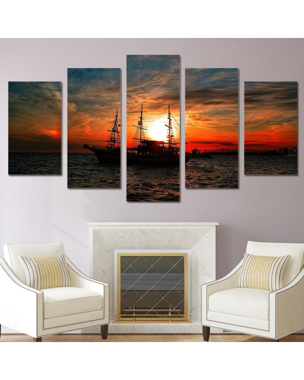 Seascape Ocean Boat in Sunset Clouds Picture Print Nature 5 Panel Canvas Art Wall Decor front-1