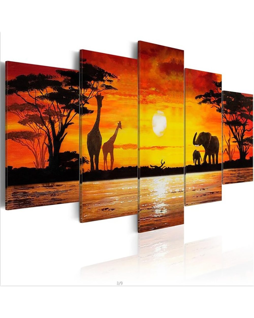 Elephant Giraffe Sunset Picture Print Scenery 5 Panel Canvas Art Wall Decor front-1
