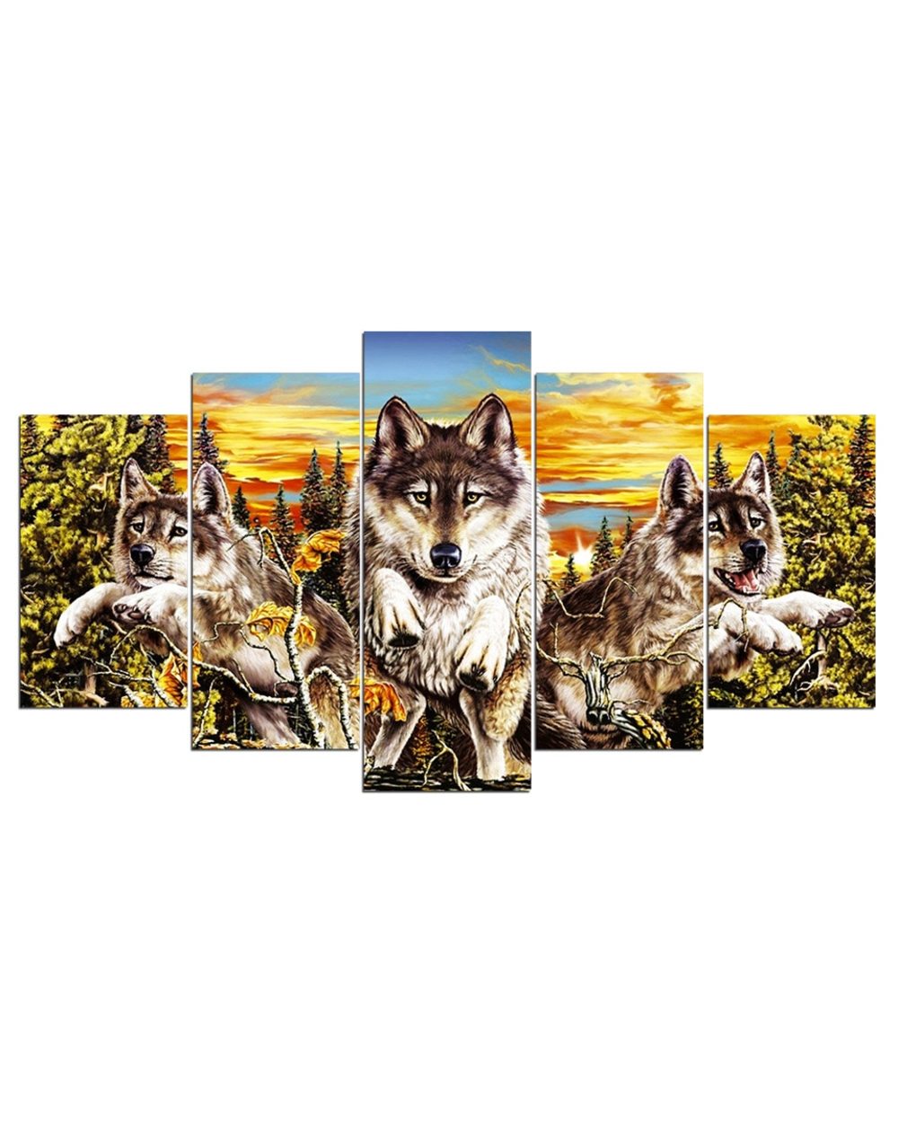 Animal Wolf Pack in Sunset Picture Print Animal 5 Panel Canvas Art Wall Decor front-1