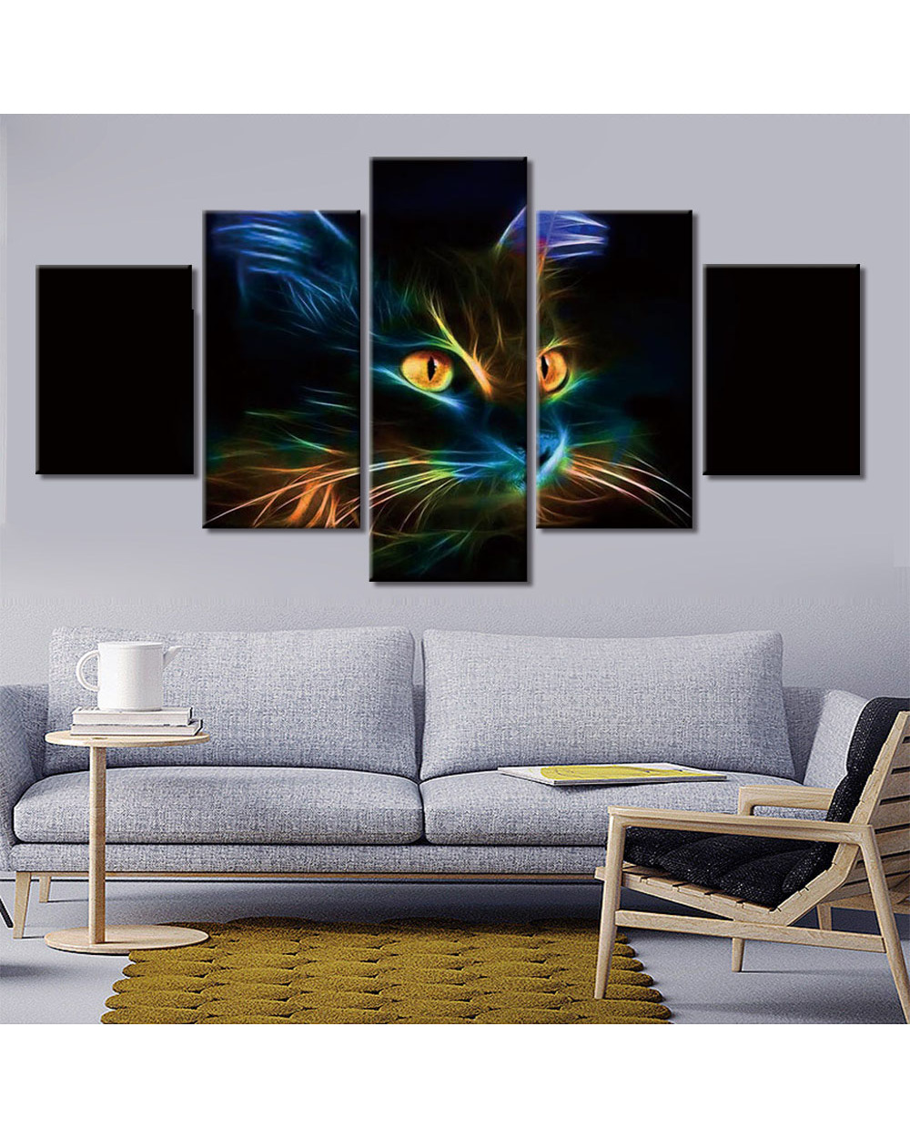 Neon Cat in Black Background Picture Print Animal 5 Panel Canvas Art Wall Decor front-0