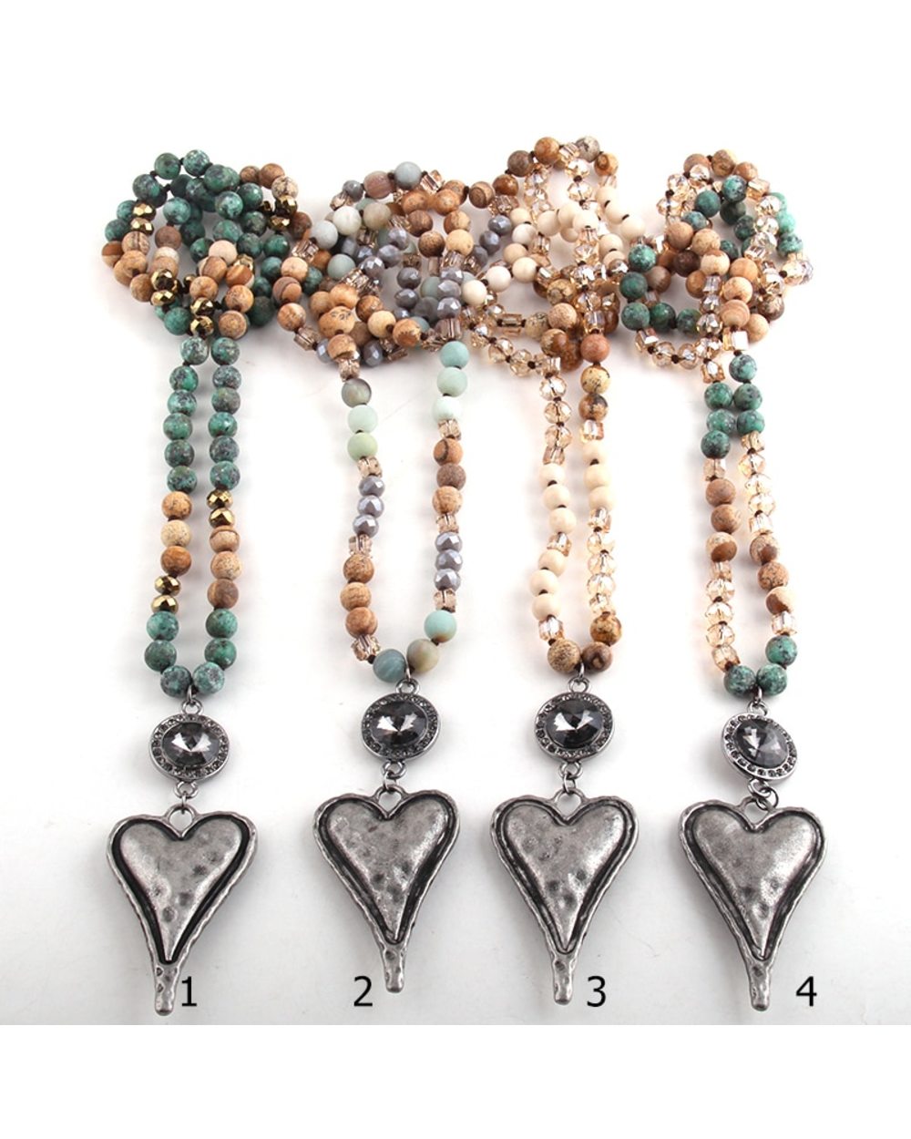 Bohemian Tribal Long Knotted Chain Crystal Links Metal Heart Pendant Necklaces front-0