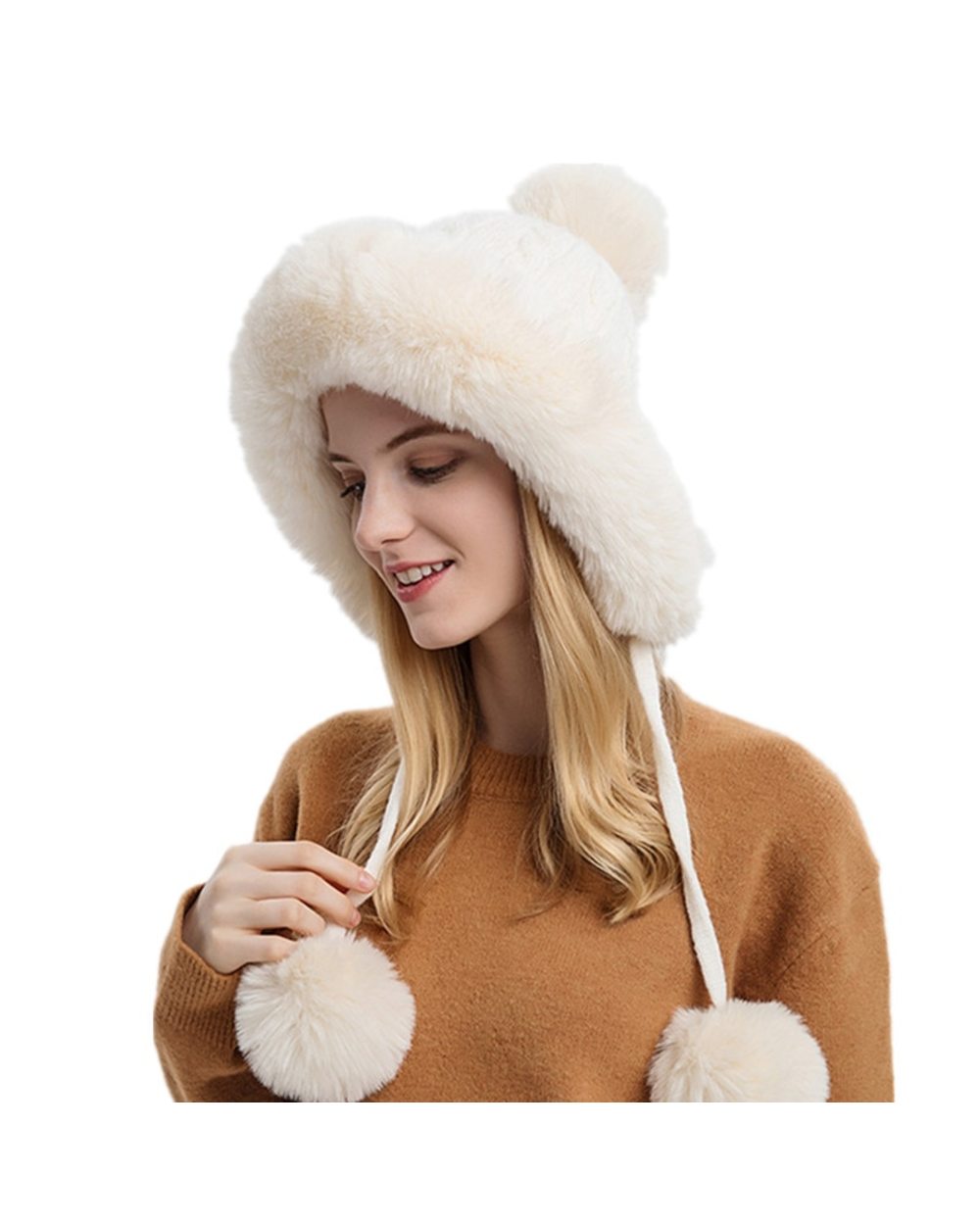 Winter Warm Knitted Hat Fur Women Hat With Earflap Two Balls Lady Outdoor Thicken Plush Fluffy Cap Russian Hats For Wom front-5