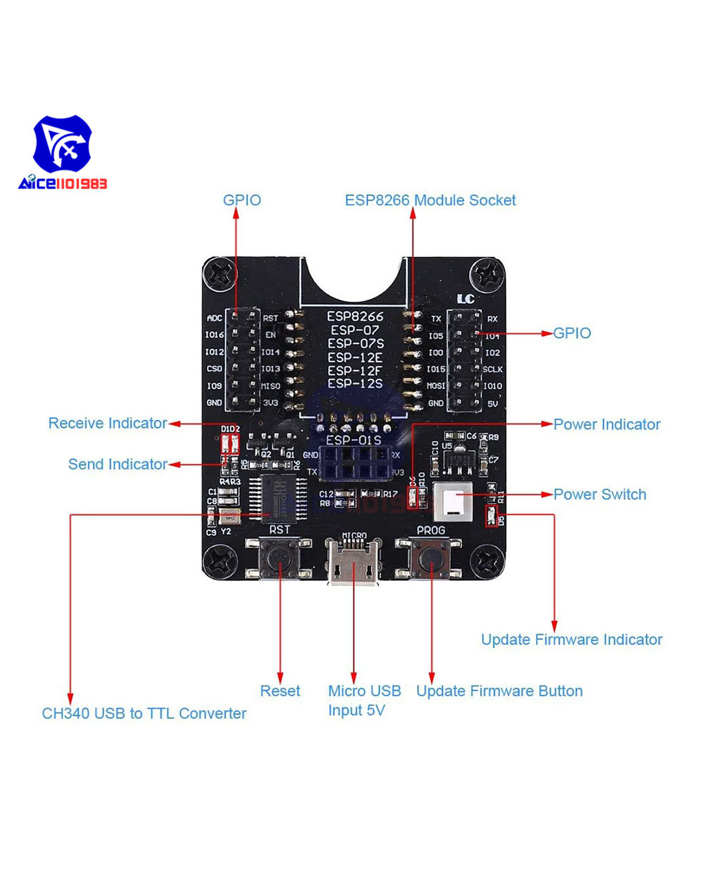 Diymore Esp-Wroom-32 Esp8266 Burning Fixture Development Board Esp-01/01S/07/07S/12E/12F/12S/18T Easy Programer For Ard front-1