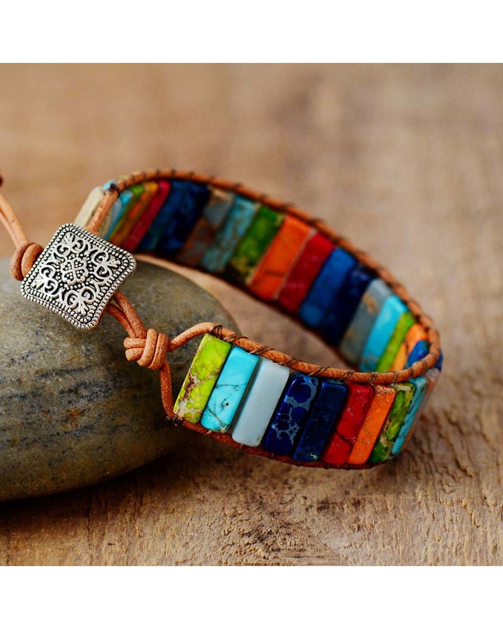 Chakra Bracelet Jewelry Handmade Multi Color Natural Stone Tube Beads Leather Wrap Bracelet Couples Bracelets Gifts front-1