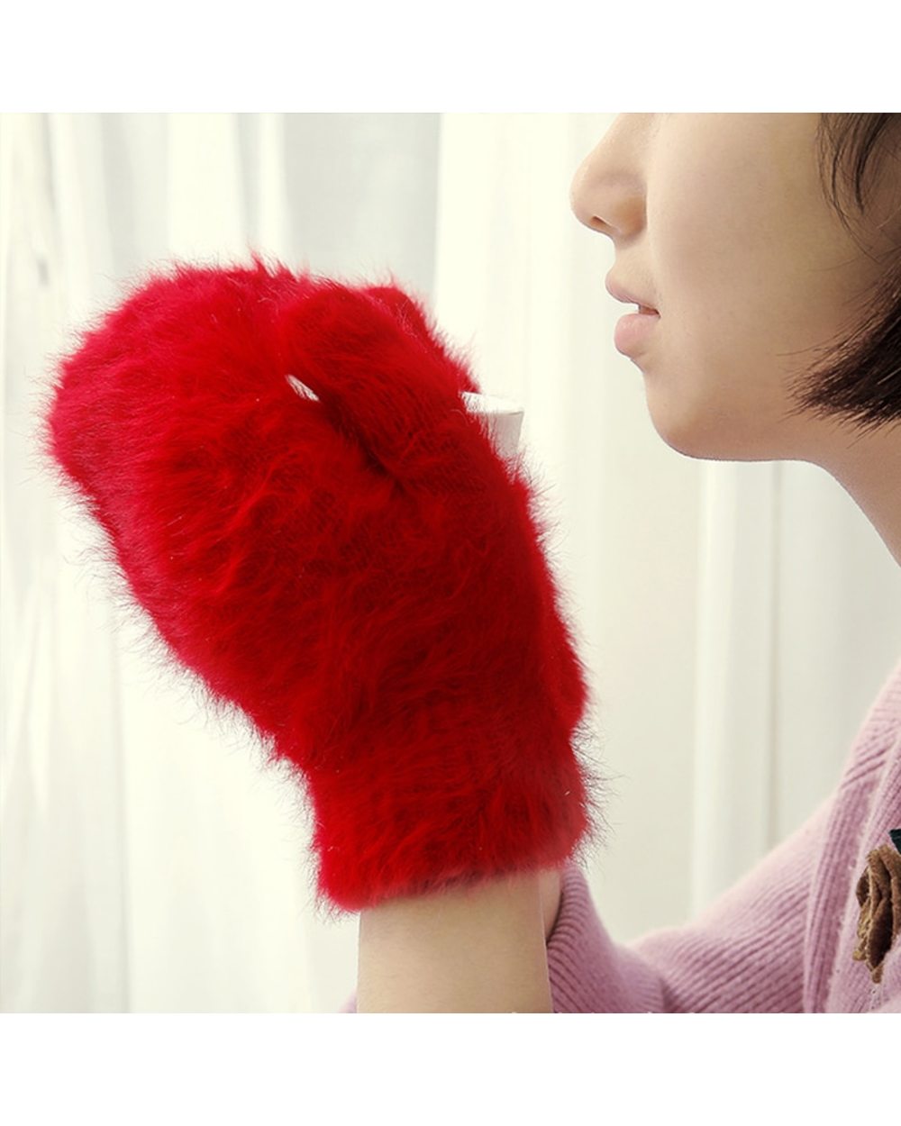 1Pair Rabbit Wool Gloves For Women Girls Autumn Winter Comfortable Rabbit Wool Gloves Outdoor Cute Soft Ladies Gloves front-3