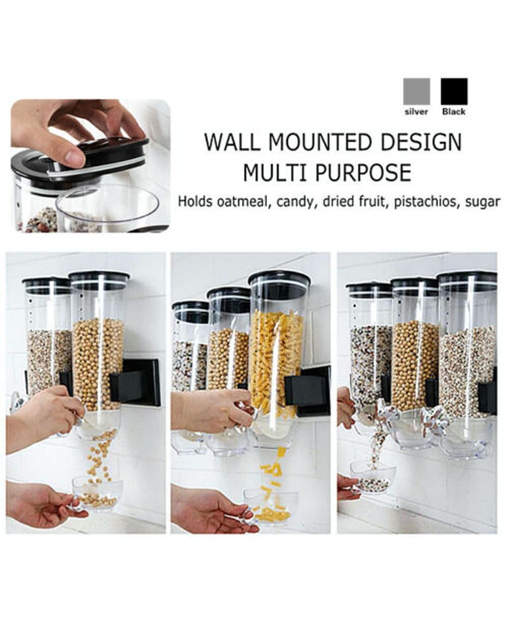 WallMounted Cereal Dispenser Canister Press Grain Storage Box Dry Food