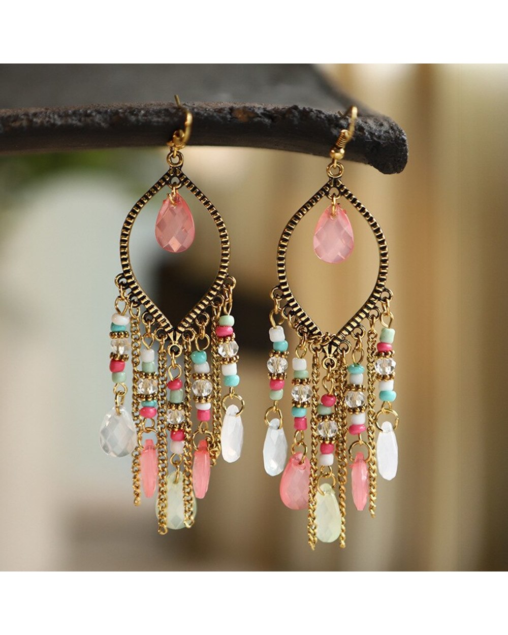 Antique Gold Plated Long Water Drop Tassel Earrings WCS front-2