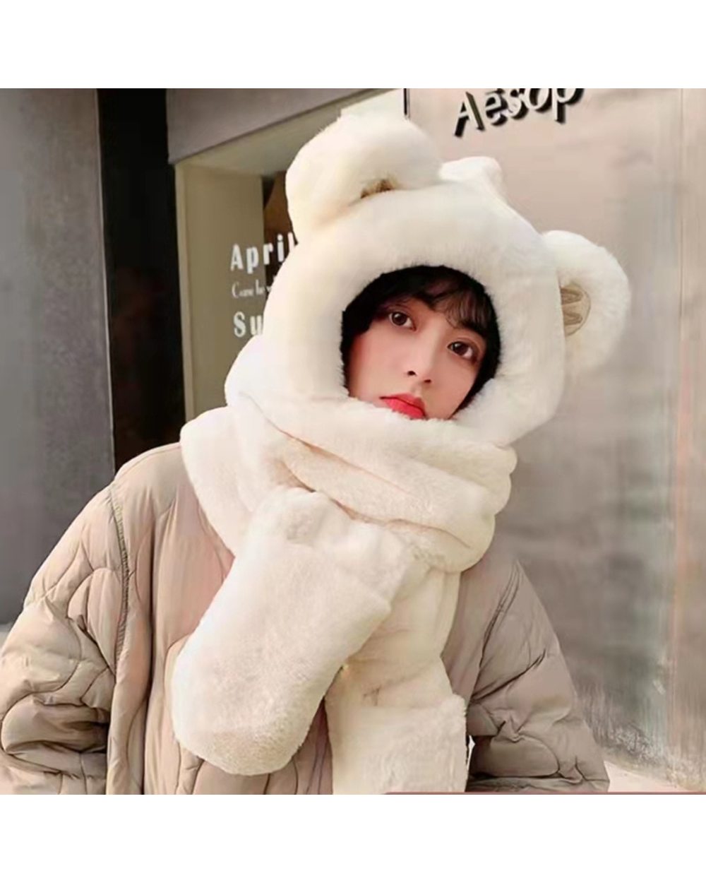 New Women Bear Ear Winter Hat Thicken Plush Warm Windproof Cute Hooded Scarf Thick Warm Soft Ear Balaclava front-0
