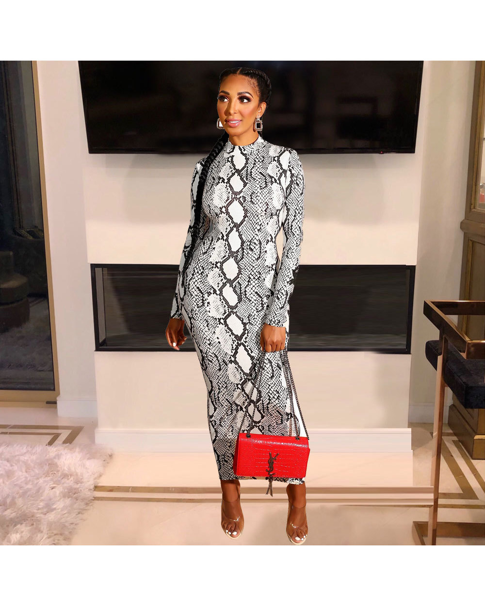 Echoine Sexy Snake Print Bodycon Long Dress Long Sleeve Zipper Women Autumn Evening Party Night Dress Vintage Vestidos front-1