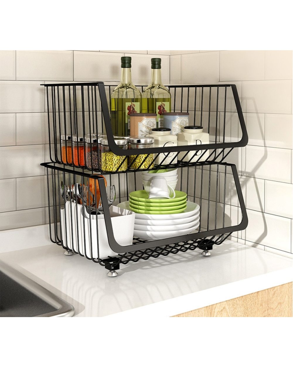 Kitchen Rolling Stackable Storage Organizer Metal Wire Basket front-0