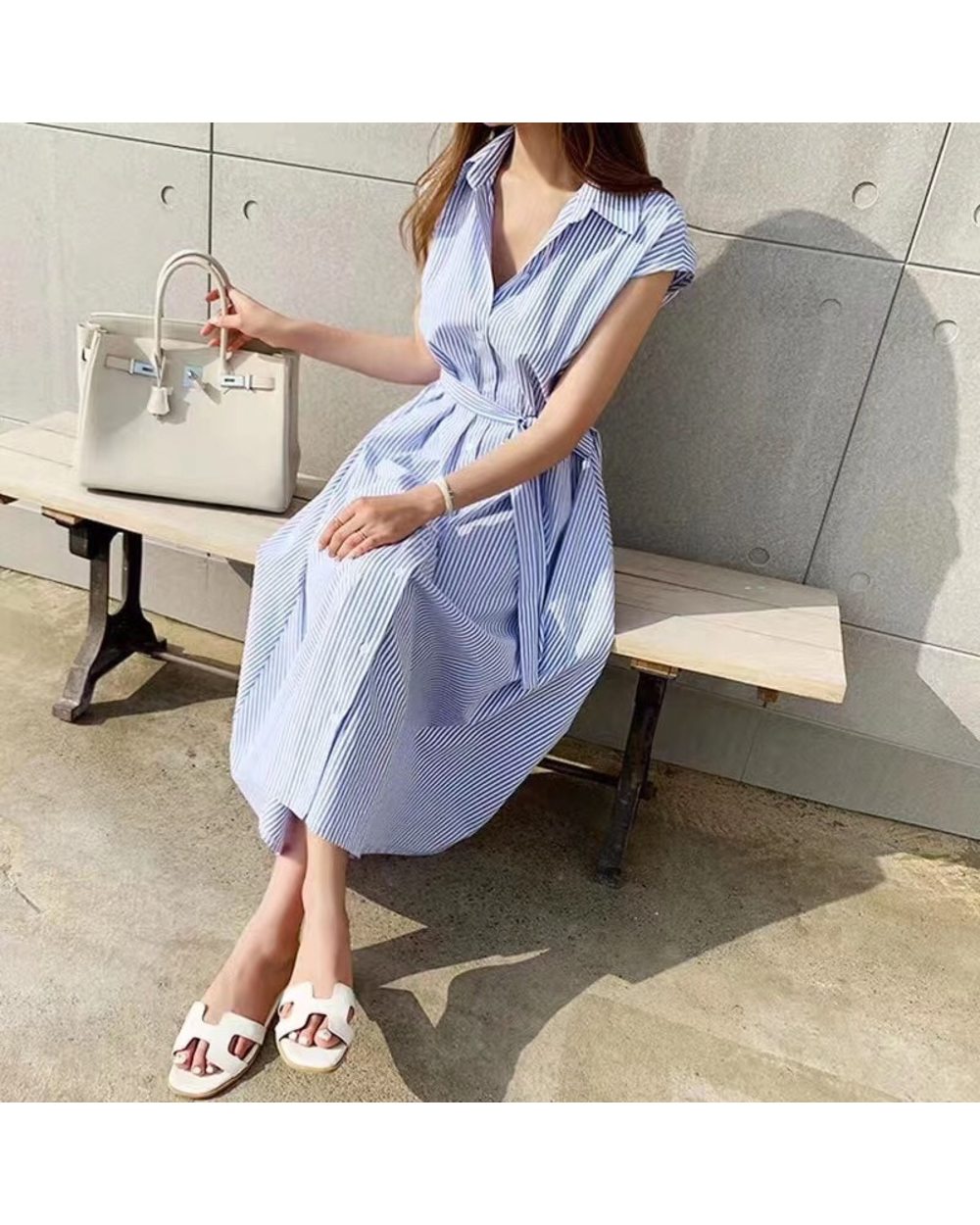 Women Spring Summer Shirt Dress Multi Colors Casual Sleeveless Striped Oversize Lace Up Long Dress front-3