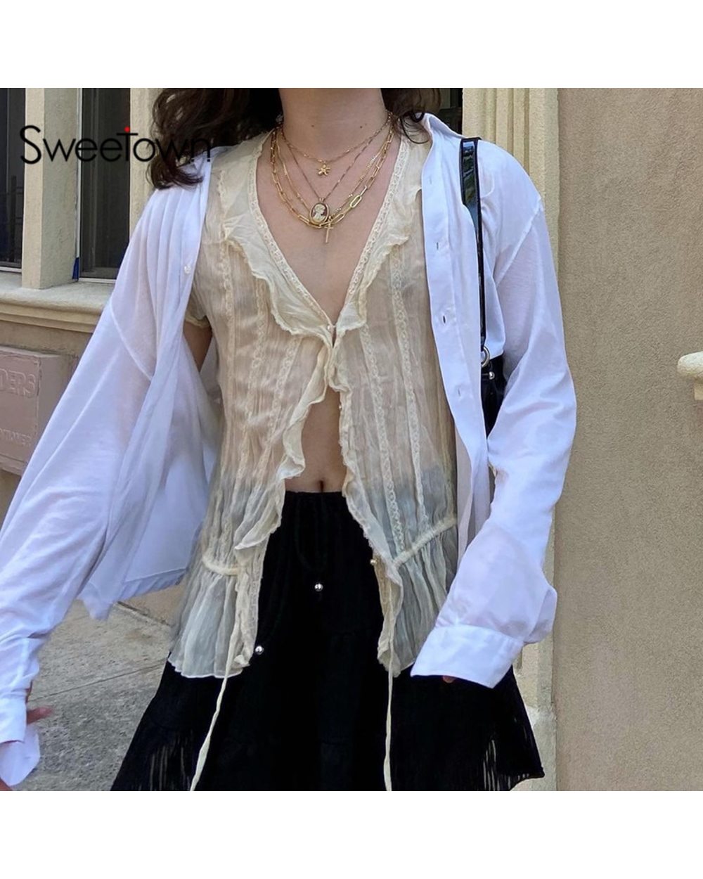 Sweetown White Vintage Crop Top See Through Sexy Mesh Woman Tshirts V Neck Lace Up Ruffles Kawaii Clothes front-3