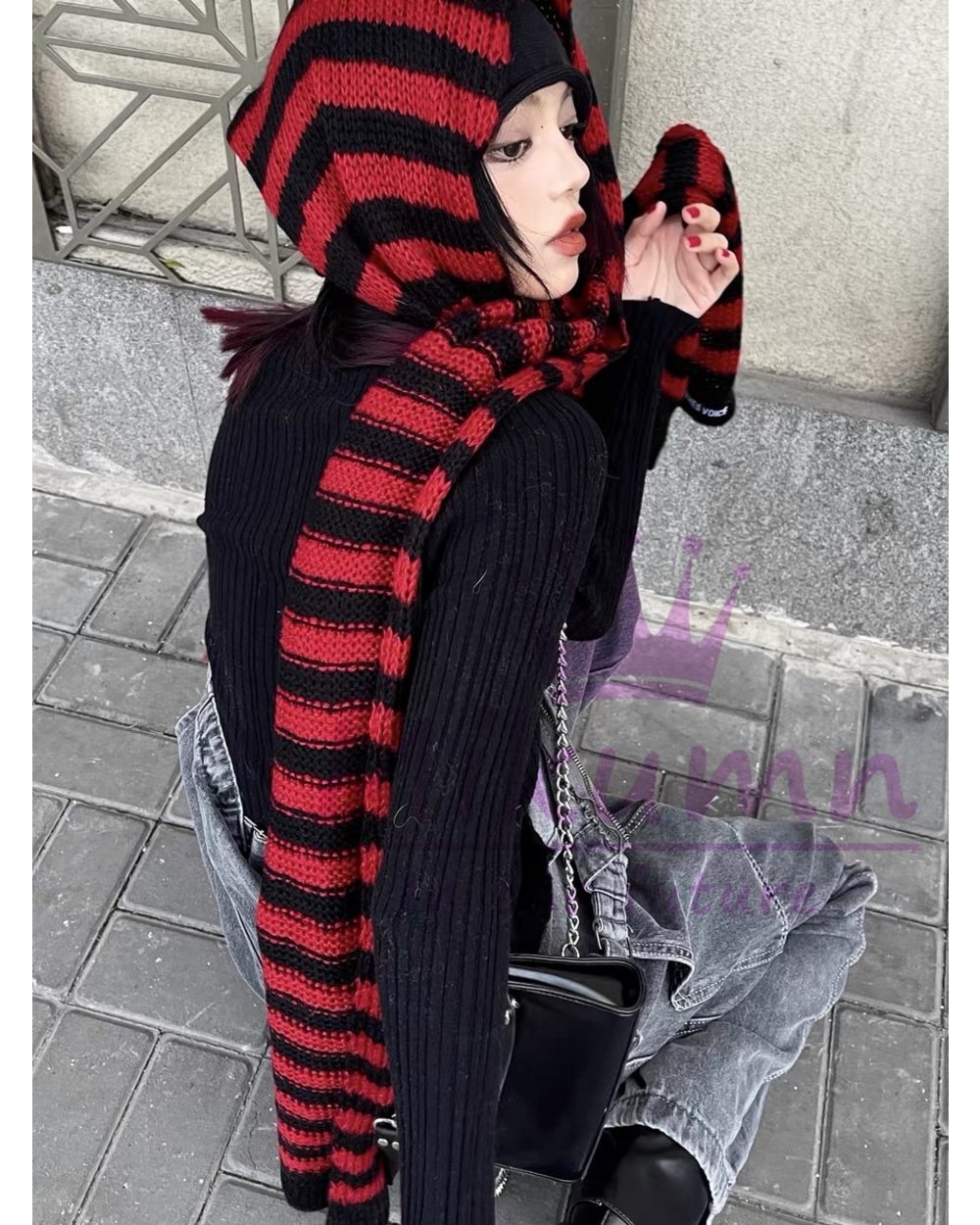 Mikumn Harajuku Punk Fashion Grey Red Black Striped Scarf Women Girl Winter Warm Knitted Scarves Streetwear front-2