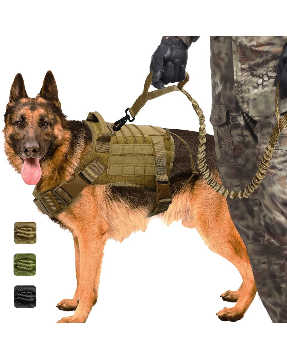 Military Tactical Dog Harness Working Dog Vest Nylon Bungee Leash Lead Training Running For Large Dogs German Shepherd front-0