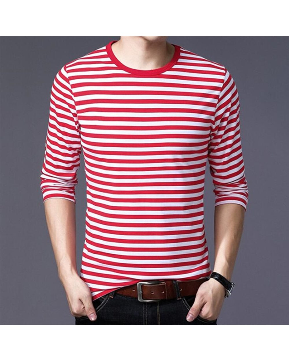 Navy style longsleeve shirt men Tshirt oneck stripe t shirt men shirt navy vintage basic 95 cotton shirt front-4
