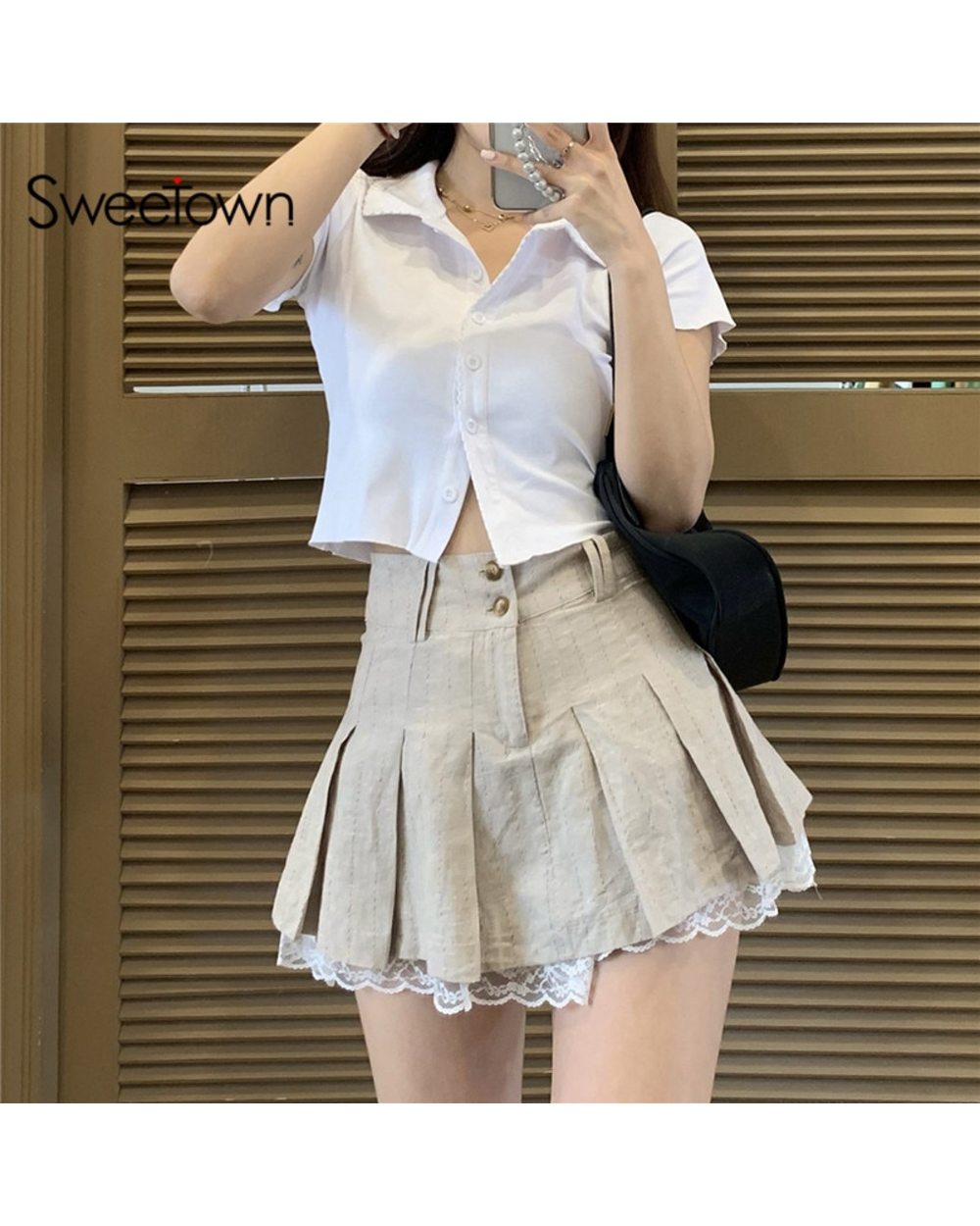 Korean Fashion Khaki Short Skirt Lace Trim Cute Pleated Skirts Womens Preppy Style High Waist Summer Skirt front-0