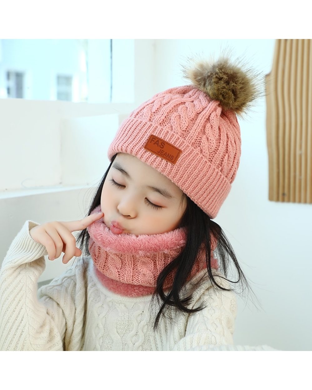 3Pcs Set Baby Winter Hat Pompom Children Hat Knitted Cute Warm Cap Scarf Gloves Suit For Girl Boy Casual Solid Color In front-2