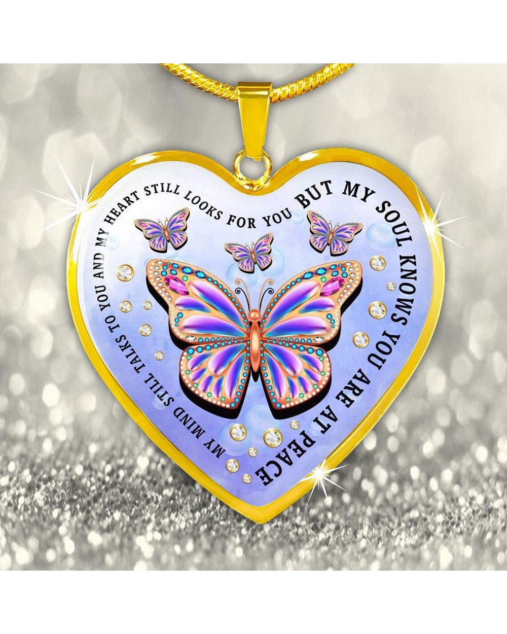 Exquisite Colorful Butterfly Heart Shape Pendant Necklace Remembrance Necklace Memorial Necklace front-3