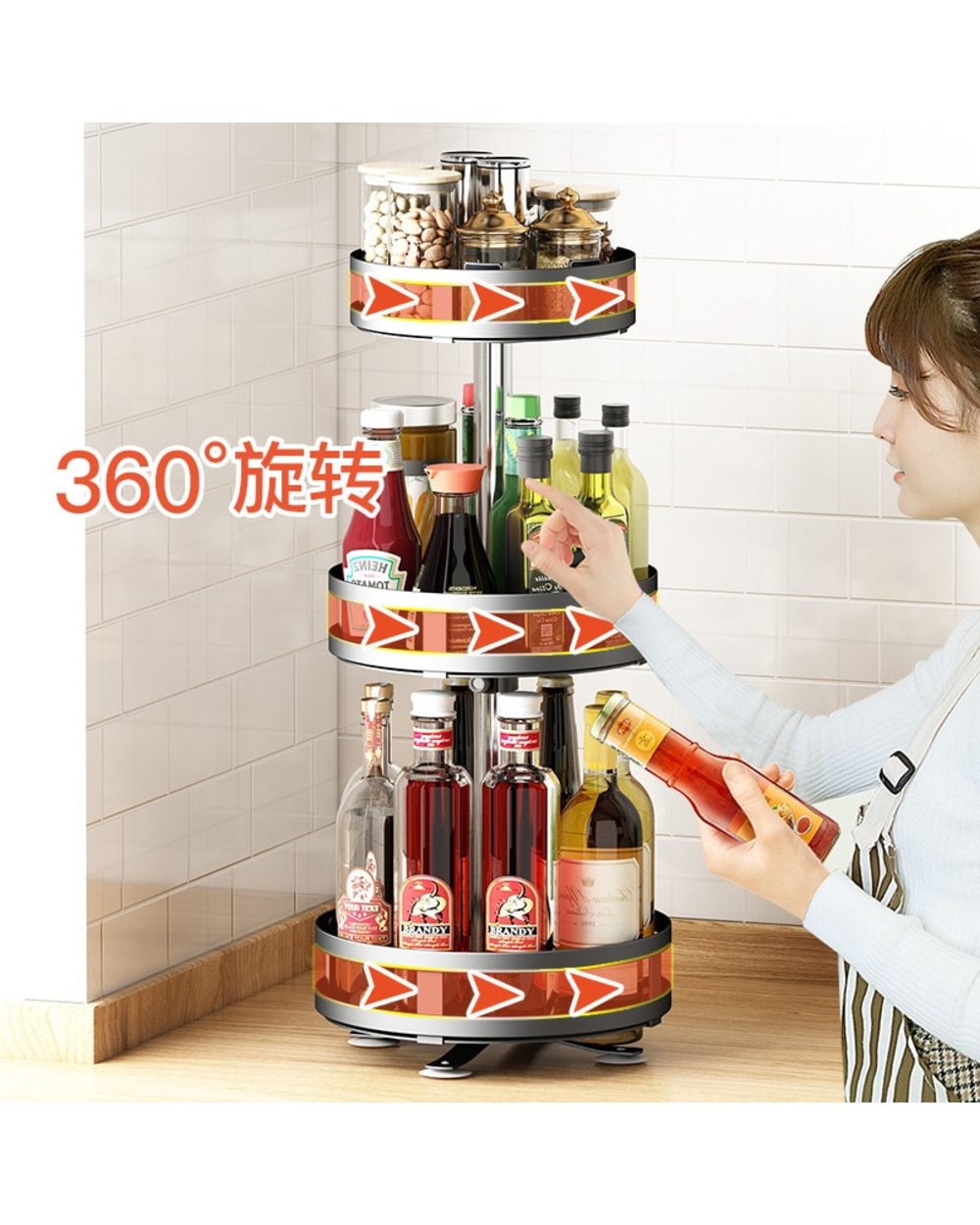 Rotating Storage Rack Spice Jars Holder Bottles Shelves front-1